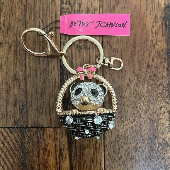 NWT Betsey Johnson Panda Bear in basket Charm Rhinestones Bag Handbag Keychain - Picture 5 of 8